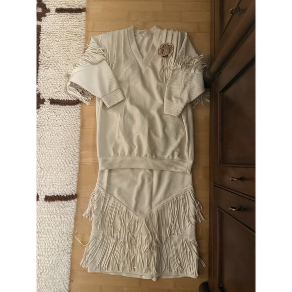 Ma Rena Ma Rena Dresses & Skirts - VTG 1980’s MA RENA 2 Piece Wearable Art Fringed Top & Skirt Cream Western L